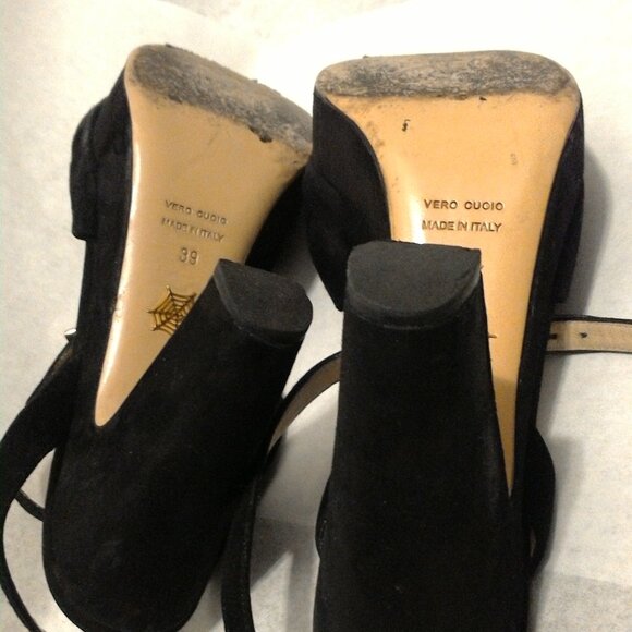 Charlotte Olympia Black Peep Toe Sandal Heels with Bows | Suede EU39 | US 8 - Picture 5 of 15